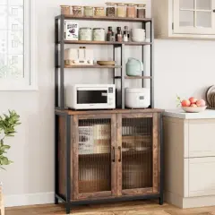 Kitchen Bakers Rack with Large Cabinet, Tall Bar Cabinet with Storage. Large Microwave Stand with Shelf, Vintage Brown
