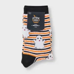 Women's Striped Fuzzy Ghost Halloween Crew Socks - Hyde and EEK! Boutique&trade; Black/White/Orange 4 -10