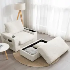 NicBex Oversized Faux Rabbit Fur Sofa Bed with Storage Ottoman & Cup Holders, Upholstered Sleeper Chair for Living Room & Bedroom, Green