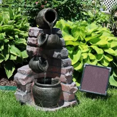 Sunnydaze Outdoor Polyresin Crumbling Bricks and Pots Solar Cascading Water Fountain with LED Lights and Battery Backup - 27"