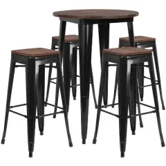 Flash Furniture 30" Round Metal Bar Table Set with Wood Top and 4 Backless Stools
