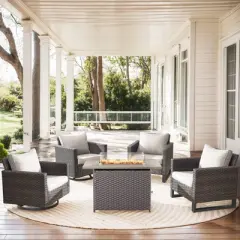 Buenhomino Patio Wicker Furniture Set with Fire Pit Table, PE Rattan Swivel Patio Chairs with Propane Fire Pit Table, 5PCS Patio Conversation Set