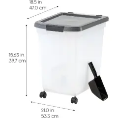 IRIS USA Dog Food Storage Container 50 lbs, with Removable Rolling Wheels & Included Scoop, for Dog Cat Bird and Other Pets, Clear/Dark Gray