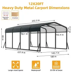 12x20 FT Heavy Duty Metal Carport Kit - Galvanized Steel Roof, 100MPH Wind Rated, 35PSF Snow Load for RV, Tractors, Trucks