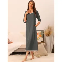 cheibear Women's 3/4 Sleeve V Neck Full Length Sleep Nightdress with Pockets