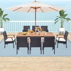 Costway 9 PCS Patio Rattan Dining Set with Acacia Wood Table, Cushions, 1.9" Umbrella Hole