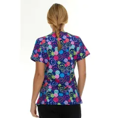 Medichic Scrubs Printed V-Neck Scrub Top - Four Pocket Fashion Scrub Top for Women, Be Happy Smiles, X Small