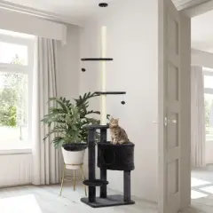 PawHut Adjustable Height Floor-To-Ceiling Vertical Cat Tree with Carpet Platforms, Condo & Rope Scratching Areas, Dark Gray