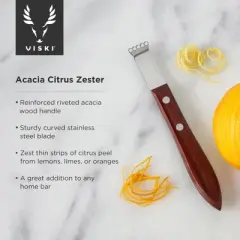Viski Citrus Zester, Acacia Wood Handle, Lemon Zester Bar Tool, Stainless Steel Citrus Zester, Riveted Base, Set of 1
