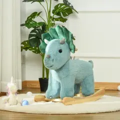 Qaba Kids Plush Ride-On Rocking Horse Triceratops-shaped Plush Toy Rocker with Realistic Sounds for Child 36-72 Months Dark Green
