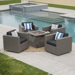 Christopher Knight Home  Achton Outdoor Wicker 5 Piece Swivel Club Chair and Fire Pit Set with Cushions