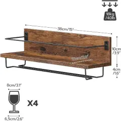 Hachikiko 2-Pack Wall Mounted Wine Rack-Rustic Brown & Black 2-Tier Floating Shelves with Stemware Holder