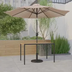 Emma and Oliver 3 Piece Patio Table Set - Synthetic Faux Teak Dining Table with Umbrella Hole & Umbrella with Weighted Base