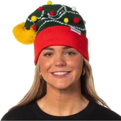 National Lampoon's Christmas Vacation Leaning Tree Squirrel Cuffed Pom Woven Beanie Hat Multicolored