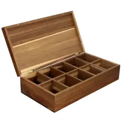 MegaChef Acacia Wood 14.25 x 7.5 Inch 10 Compartment Tea Box