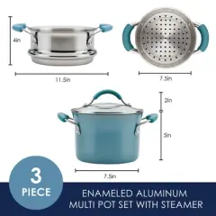 Rachael Ray 3 Quart Covered Multi-Pot Set with Steamer - Agave Blue: Nonstick, Glass Lid, Hand Wash