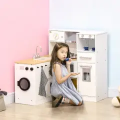 Qaba 2Pcs Kids Play Kitchen Set with Lights Sounds, Kids Kitchen Playset with Stool, Oven, Coffee Maker, Ice Maker, Washing Machine, White