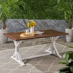 Christopher Knight Home Outdoor Acacia Wood Dining Table with Trestle Base, Dark Brown/White