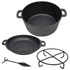 3 in 1 Pre-Seasoned Cast Iron Dutch Oven,Camping Deep Pot, 5 Quart.Cover As A Skillet with Ribbed Bottom Design.With 1PC Iron Pot Rack,1PC Lid Lifter.