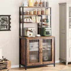 63.78" Bakers Rack with Cabinet and Hooks, 5-Tier Coffee Bar Station with Microwave Space, Brown Industrial Style