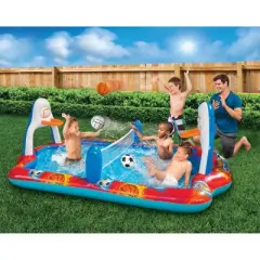 Banzai Outdoor Inflatable Sports Arena 4 In 1 Play Center Water Park Pool with Soccer, Volleyball, and Basketball Sports Ball, Ages 3+