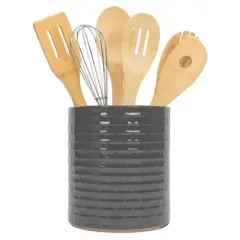 Elanze Designs Embossed Subway Tile Ceramic Stoneware Cork Bottom Kitchen Utensil Holder, Grey