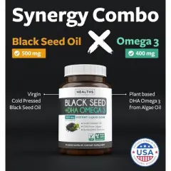 Black Seed Oil + DHA Liquid Capsules, Cold-Pressed Nigella Sativa with Omega 3 DHA for Full Body Wellness & Brain Support, Health's Harmony, 60ct