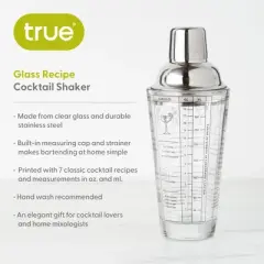 True Glass Cocktail Shaker with Cocktail Recipes, Clear Glass Shaker with Strainer, 13.5 oz