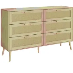 Resenkos Modern Rattan Dressers for Bedroom, 6 Drawer Dresser Organizer with Handles, Accent Chest of Drawer Brown