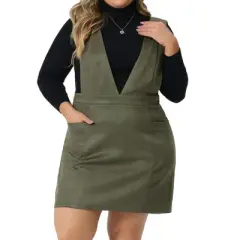 Agnes Orinda Women's Plus Size V Neck Sleeveless Faux Suede Pockets Pinafore Overall Mini Skirts