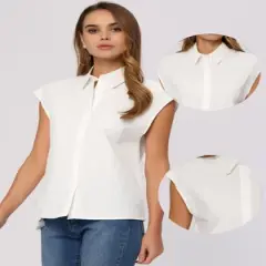 Allegra K Cotton Business Casual Shirt for Women's Button Down Cap Sleeve Blouse Tops