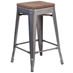 Flash Furniture 24" High Backless Clear Coated Metal Counter Height Stool with Square Wood Seat