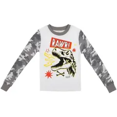 Dinosaur Character with Camo Pattern Youth Long Sleeve Pajama Set