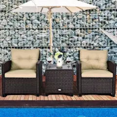 Costway 3PCS Patio Rattan Furniture Set Cushioned Conversation Set Sofa
