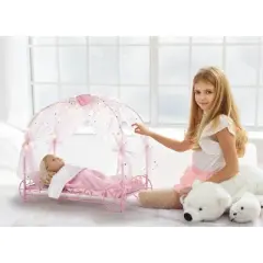 Badger Basket Royal Carriage Metal Doll Bed with Canopy Bedding and LED Lights - Pink/White/Stars