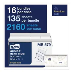 Tork Premium Soft Xpress 3-Panel Multifold Hand Towels, 2-Ply, 9.13 x 9.5, White/Blue Leaf, 135/Packs, 16 Packs/Carton