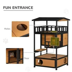 LOVMOR Wooden Outdoor Cat House, Feral Cat Shelter Kitten Tree with Asphalt Roof