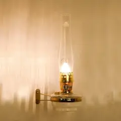 Aladdin Wall Mount Oil Lamp, Genie III Regency Fuel Lighting for Homesteaders or Emergencies, Clear Glass, 18 inches tall, Brass Trim