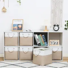 Aoibox 11 x 11 Inch Cube Storage Bins Large Collapsible Fabric Baskets with Ropes Foldable Organizer 6 Pack White Beige