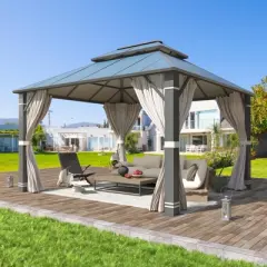 EROMMY 10x12FT Hardtop Gazebo with Aluminum Composite Double Roof for Patio Lawn and Garden, Curtains and Netting Included
