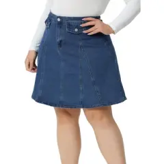 Agnes Orinda Women's Plus Size Denim Casual A-line Jean Buttons Decor Faux Pockets Mini Skirts