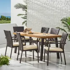 Christopher Knight Home Goleta Outdoor Acacia Wood and Wicker 7 Piece Dining Set with Cushion, Natural, Brown and Cream