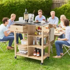 TROPOW Solid Wood Outdoor Grill Cart &uml;C Stainless Steel Top Kitchen Island with Lockable Wheels for Patio/Garden (Natural Wood Color)