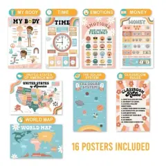 Hadley Designs Retro Boho Laminated Educational Posters for Toddlers (Set of 16) - Classroom Posters