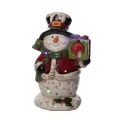Transpac Dolomite Light Up Snowman with Gift Box and Music - Festive Christmas Decorative Object for Holiday Cheer