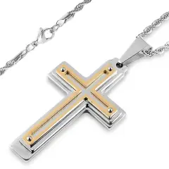 Men's West Coast Jewelry Silvertone and Goldplated Stainless Steel Multiple Layer Cross Pendant