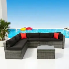 Mshliw 5-Piece PE Rattan Sectional Outdoor Furniture Set, Cushioned U-Sofa with 2 Pillows, Wicker & Cushions for Patio, Backyard, or Balcony