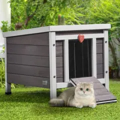 VEVOR Outdoor Cat House Weatherproof, Feral Cat Shelter for Multiple Cats, Outdoor Wooden Cat Rabbit House with PVC Door Flaps and Open Roof