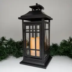 LumaBase Battery-Operated Metal Lantern with LED Candle - Black Window