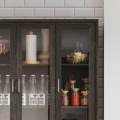 Famapy Dark Multi-Compartment Kitchen Pantry Cabinet,4 Shelf & 3 Glass Doors,Food Storage,Dinning Room